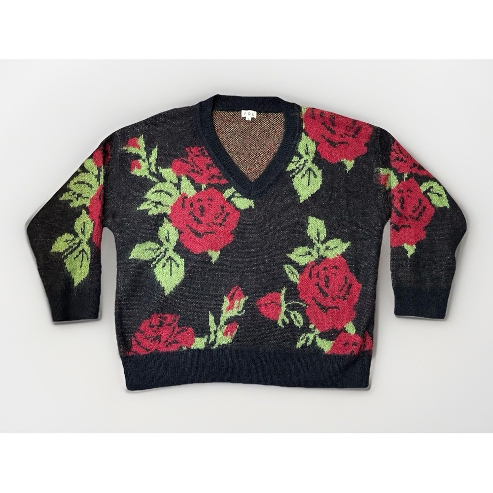 POL Feeling Gene-Rose Mohair Wool Blend Black Red Roses Fuzzy Sweater LARGE‎